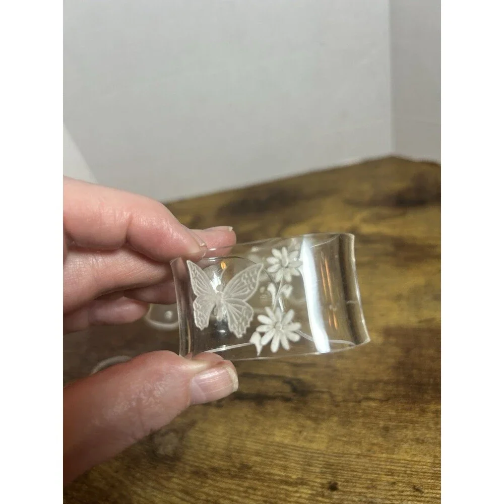 Vintage Clear Plastic Napkin Rings Holder Butterfly Floral Etched Boho Set of 4